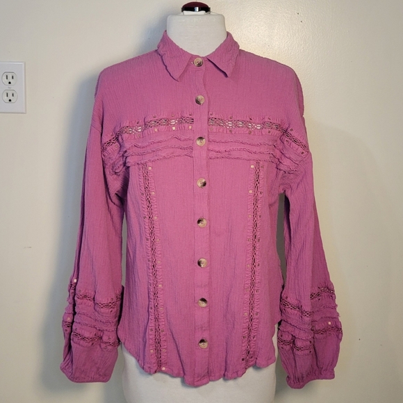 Free People Tops - Free People (Women's Large) Summer Stars Pink Cotton Modal Button Down Shirt